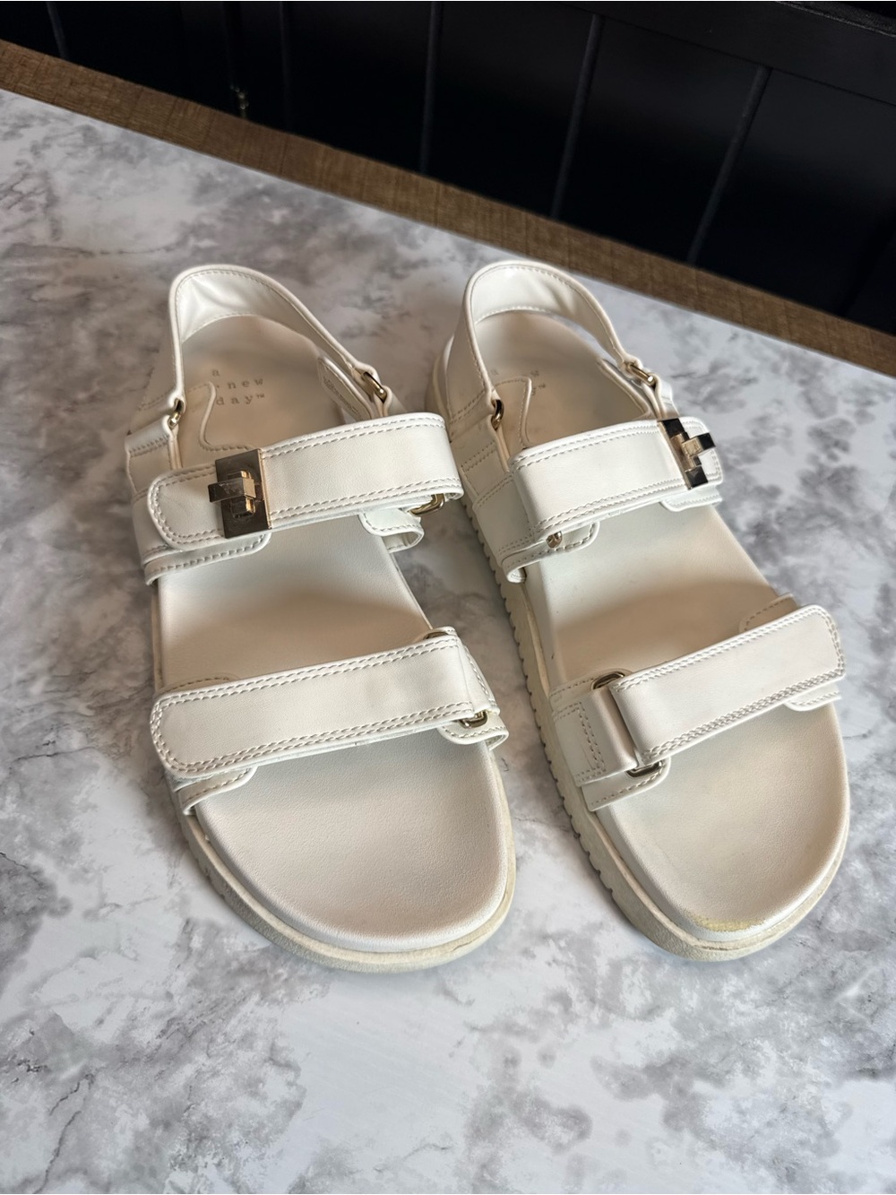 a new day White Leather Double-Strap Velcro Sandals